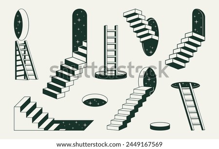 Monochrome surreal stairs. Geometric abstract ladders, minimal design staircases flat vector illustration set. Outline stairway elements collection