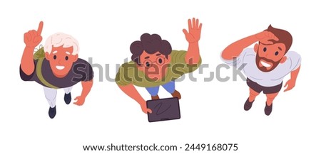 Characters staring up top view. Male people looking upwards, men view from above amazed something in sky flat vector illustration set. Cartoon guys look up