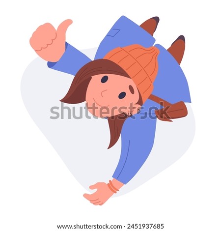 Girl looking upwards. Cartoon female character top view look up, woman with thumbs up view from above flat vector illustration. Amazed person staring up