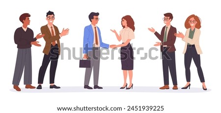 Business partners shaking hands. Bissiness deal or agreement, men and woman shaking hands surrounded by applauding team flat vector illustration. Office workers handshake