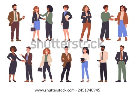 Business people teamwork. Office workers and colleagues shaking hands, busy people wearing business suits flat vector illustration set. Professional characters group