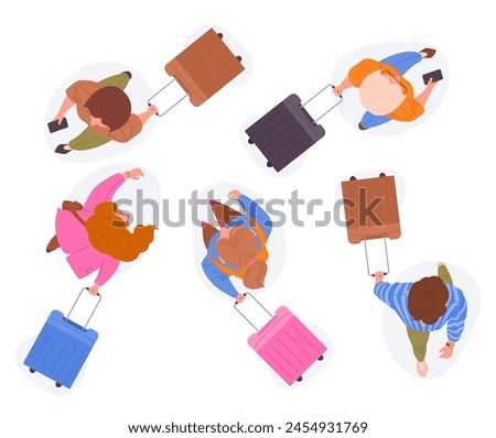 People with luggage top view. Walking tourists characters, diverse people with suitcase on wheels view from above, walking travelers flat vector illustration set. Men and women rushing top view