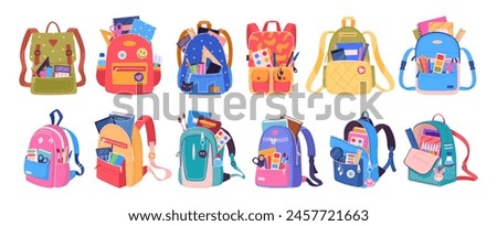 School backpacks. Cartoon kids schoolbags with books and stationery, students backpack for school supplies and notebooks flat vector illustration set. Childish various school bags collection