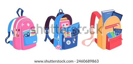 Colorful school backpacks. Cartoon school bags with school supplies and notebooks, textile backpacks flat vector illustration set. School bags collection