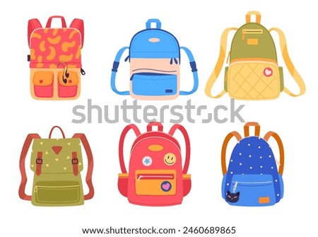 Cartoon school backpacks. Colorful school bags, students backpack for school supplies and notebooks flat vector illustration set. Childish various school bags on white