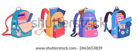 Cartoon school bags. Colorful school backpacks, cute school bags with school supplies and notebooks, textile kids backpacks flat vector illustration set. Multicolored backpacks collection