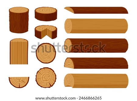 Wooden logs. Cartoon stacked woodwork planks and firewood, tree trunks, planks, wood industry materials, wood lumber branch flat vector illustration set. Wooden products collection