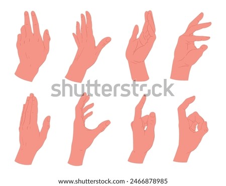 Hand gestures. Female palm with elegant gesture, human hands showing, presenting and pointing flat vector illustration set. Cartoon hand palms