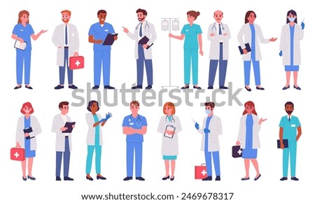 Doctors and nurses. Medical clinic workers, doctor, paramedic and nurse, hospital professional staff, therapist and anesthesiologist flat vector illustration set. Healthcare and medicine characters