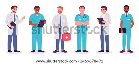 Male doctors and nurses. Therapist, paramedic and male nurse, medical clinic workers flat vector illustration set. Hospital professional staff