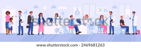 Medical appointment. Doctor consultation, tests and medical research, patients at medical clinic flat vector illustration. Healthcare and medicine concept