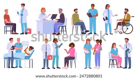 Patients and doctors. Medical staff with clinic patients, doctors and nurses diagnosing and advising patients flat vector illustration set. Hospital professional workers with patients characters