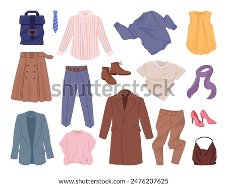 Modern clothing. Cartoon fashion clothes, pants, dress and jacket, male and female casual garments and accessories flat vector illustration set. Textile apparel collection