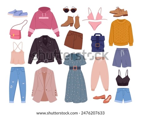 Fashion clothing. Cartoon clothes, jeans, dress and sweater, male and female casual garments and accessories flat vector illustration set. Modern apparel collection