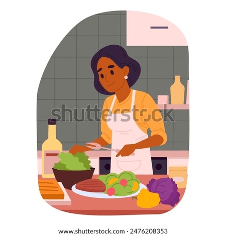 Cooking woman. Female characters cooking at home, tasty dishes, preparing food at home flat vector illustration. Homemade meal preparation