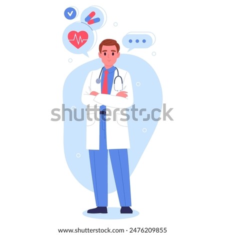 Medical doctor. Male hospital worker, therapist or surgeon, doctor consultation and medical research flat vector illustration. Medical clinic worker