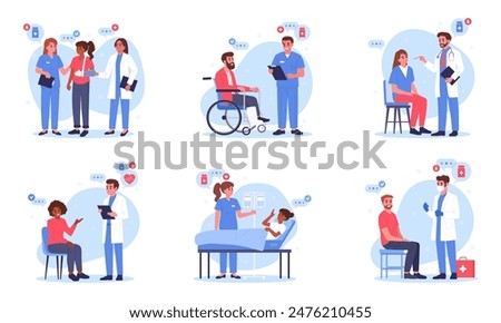 Doctors and patients. Medical staff with hospital patients, doctors and nurses diagnosing and advising patients flat vector illustration set. Clinic professional workers with patients