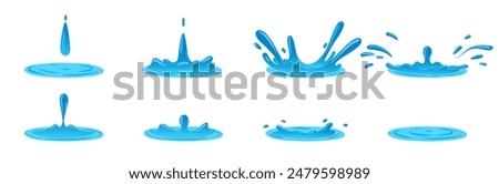 Water splash animation. Dripping water splatter animation, liquid water splashes flat vector illustration set. Cartoon dripping water