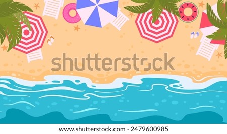 Summer beach top view. Topical seaside view from above, nature paradise seashore view with umbrella and beach lounger flat vector illustration. Cartoon sandy beach view