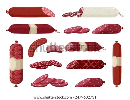 Smoked sausages. Raw smoked sausage, delish meat semi-finished products, butcher shop sausages flat vector illustration set. Meat delicacies