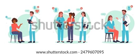 Medical staff with patients. Doctors and patients, doctors and nurses advising and diagnosing patients flat vector illustration set. Hospital professional workers with patients