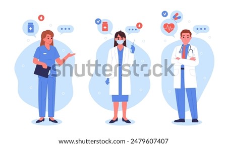 Medical doctors. Hospital staff, professional surgeon, therapist or neurologist, doctors wearing uniform flat vector illustration set. Hospital workers characters