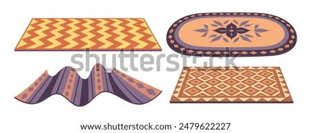 Cartoon carpets. Woven textile rugs, living room, bedroom or bath interior decor flat vector illustration set. Cozy carpets