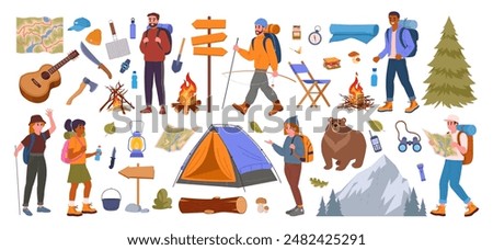 Camping equipment and characters. Hiking, backpacking people and tourists tools, bonfire, tent, guitar and axe flat vector illustration set. Outdoor camping supplies