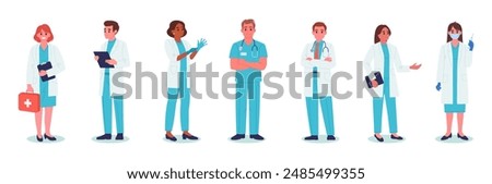 Cartoon doctors and nurses. Medical clinic workers, therapist, paramedic and nurse flat vector illustration set. Hospital professional staff