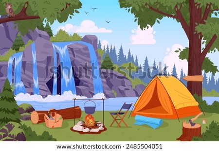 Campsite view. Wild nature camping landscape with tent and campfire, summer forest camp flat vector illustration. Cartoon camping view