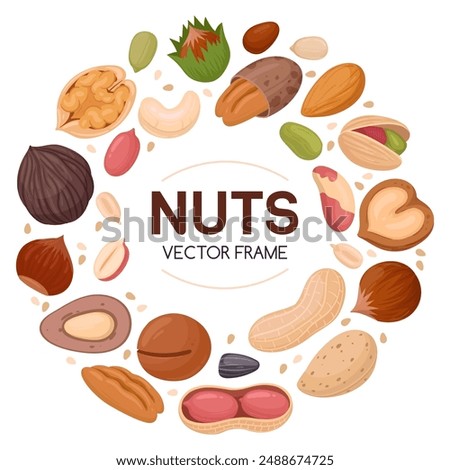 Nuts design frame. Cartoon nut snacks frame, hazelnut, walnut, almond and pistachio frame of round shape flat vector illustration. Circle nuts border frame