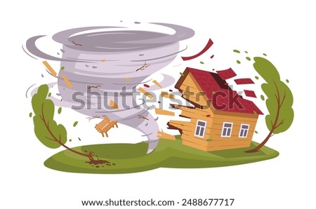 Hurricane natural disaster. Cartoon tornado, twisted storm catastrophe, suburban house damage flat vector illustration. Whirlwind cataclysm on white