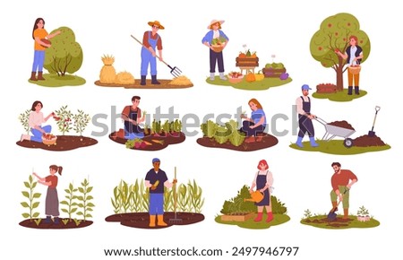 Farm agriculture workers. Harvesting, gardening and husbandry, people harvesting crop and care about farm animals flat vector illustration set. Agriculture farm work scenes