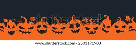 Halloween pumpkin seamless banner. Spooky squash lanterns silhouettes, scary jack-o-lanterns halloween flat vector background illustration. Halloween holiday party endless poster