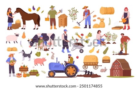 Farm harvesting. Rural agriculture workers, farm animals and harvested crop, organic food production and husbandry flat vector illustration set. Farming harvest elements collection