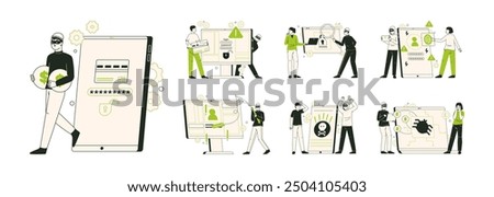 Online cyber attack. Cyber hacker scam phishing, internet fraud crime, computer security flat vector illustration set. Personal data protection scenes