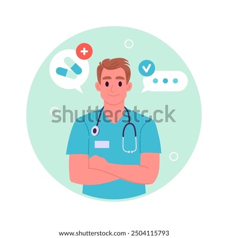 Cartoon medical clinic worker portrait. Physician or surgeon consultation, medical hospital worker, medical doctor business card flat vector illustration. Male doctor avatar