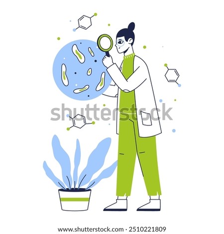 Female lab worker. Chemistry lab scientist, biotechnology medical laboratory development and researching flat vector illustration. Chemical scientific scene