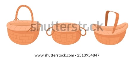 Cartoon wicker baskets. Braided picnic handle baskets, wooden picnic empty hampers flat vector illustration set. Food storage baskets