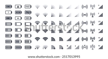 Smartphone wifi and battery icons. Mobile phone indicators, battery charge levels, 5G and wifi signal strength icons flat vector illustration set. Network wireless symbols