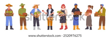 Farmers with harvest. Male and female agricultural characters carrying baskets and boxes with fresh fruits and vegetables flat vector illustration set. Cartoon farm workers with harvesting crop