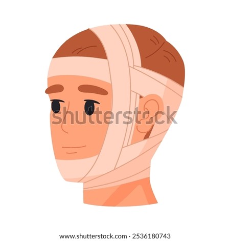 Injured human head. Bandaged skull and face parts, emergency treatment for bruises and bones fractures flat vector illustration. Cartoon physical injury bandages