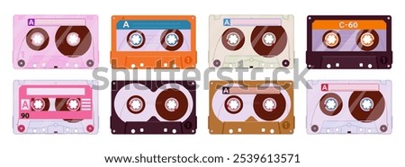 Cartoon stereo tape cassettes. Retro 80s audio cassettes, old school tape records, 90s music audio cassette flat vector illustration set. Vintage analogue tapes collection