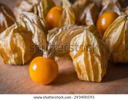 Phys alis, or Cape Gooseberry fruit  on the wooden background