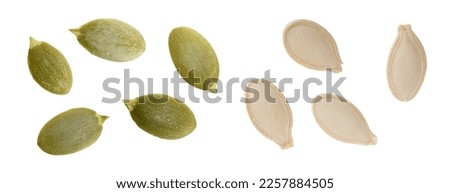 Pumpkin seeds or pepitas, isolated on white background. Top view. Flat lay Imagine de stoc © 