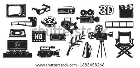 Set of vector film industry objects. Black-white icons in retro style. Video and editing tools.