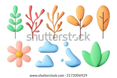 3d render collection of plants, set of vector flowers on isolated white background, design element, nature icons.