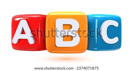 3D abc cubes. Multi-colored vector children's toys made of plastic in the shape of squares on a white background with the image of letters. Elements of play and learning.