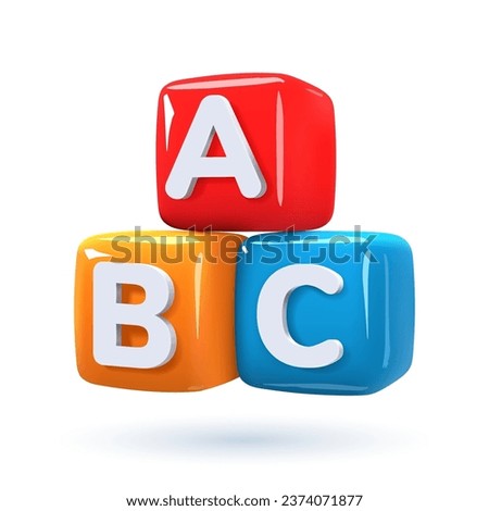 3D abc cubes. Multi-colored vector children's toys made of plastic in the shape of squares on a white background with the image of letters. Elements of play and learning.