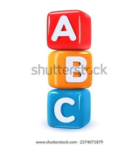 3D abc cubes. Multi-colored vector children's toys made of plastic in the shape of squares on a white background with the image of letters. Elements of play and learning.